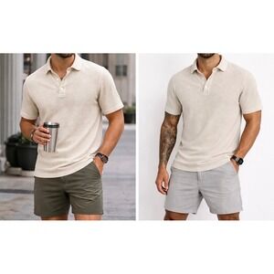 Goodfellow & Co Mens Waffle Knit Polo Shirt Flax Seed Tan Cotton Short Sleeve L